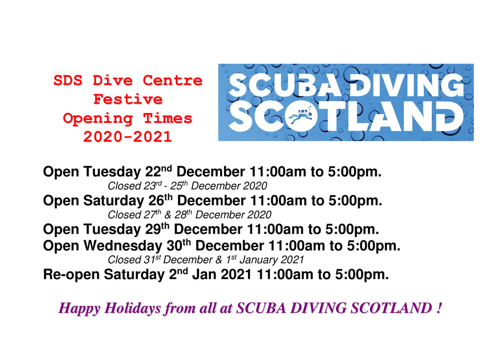 SDS Dive Centre Festive Opening Hours 2020